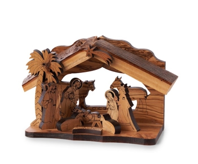 Grotto-Olive Wood-Holy Family w/Laser Cut Figurines (4.5" x 6") | SHOPtheWORD