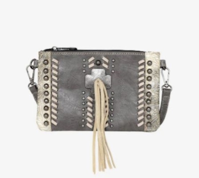 Clutch/Crossbody Bag-Cross With Tassel-Gray | SHOPtheWORD