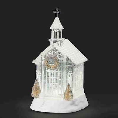 Ornament-LED Swirl, White Church w/Tree and Wreath (10.25") | SHOPtheWORD