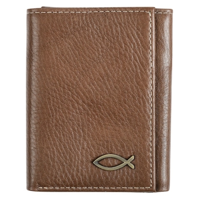 Wallet-Genuine Leather-Trifold Wallet w/Fish Emblem-Brown | SHOPtheWORD