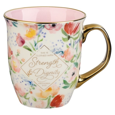 Mug-Strength & Dignity-Proverbs 31:25-Pink/White Floral | SHOPtheWORD