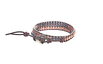 Bracelet-2 Wrap-Copper & Gunmetal Beads w/Dark Brown Leather | SHOPtheWORD