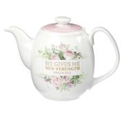 Teapot Ceramic He Gives Me New Strength Psalm 23:3 | SHOPtheWORD