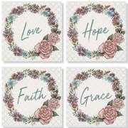 Square House Coasters-Floral Words (Set Of 4) (4") | SHOPtheWORD
