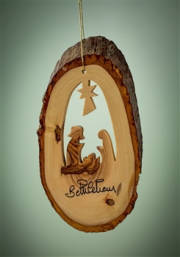 Ornament-Olive Wood-Bark Slice With Nativity (4" To 6") | SHOPtheWORD