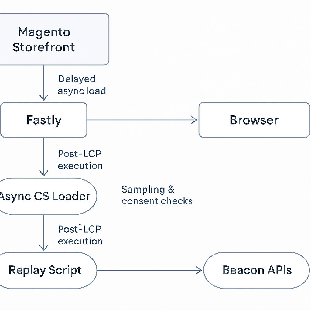 Diagram showing Magento storefront → Fastly → Browser → Async CS Loader