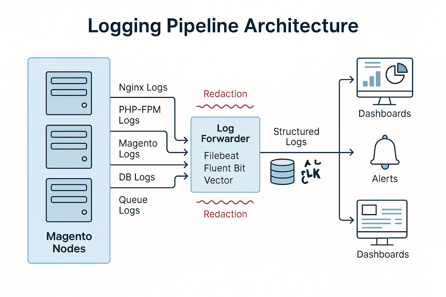 Diagram showing Magento nodes → log forwarders → Graylog/ELK