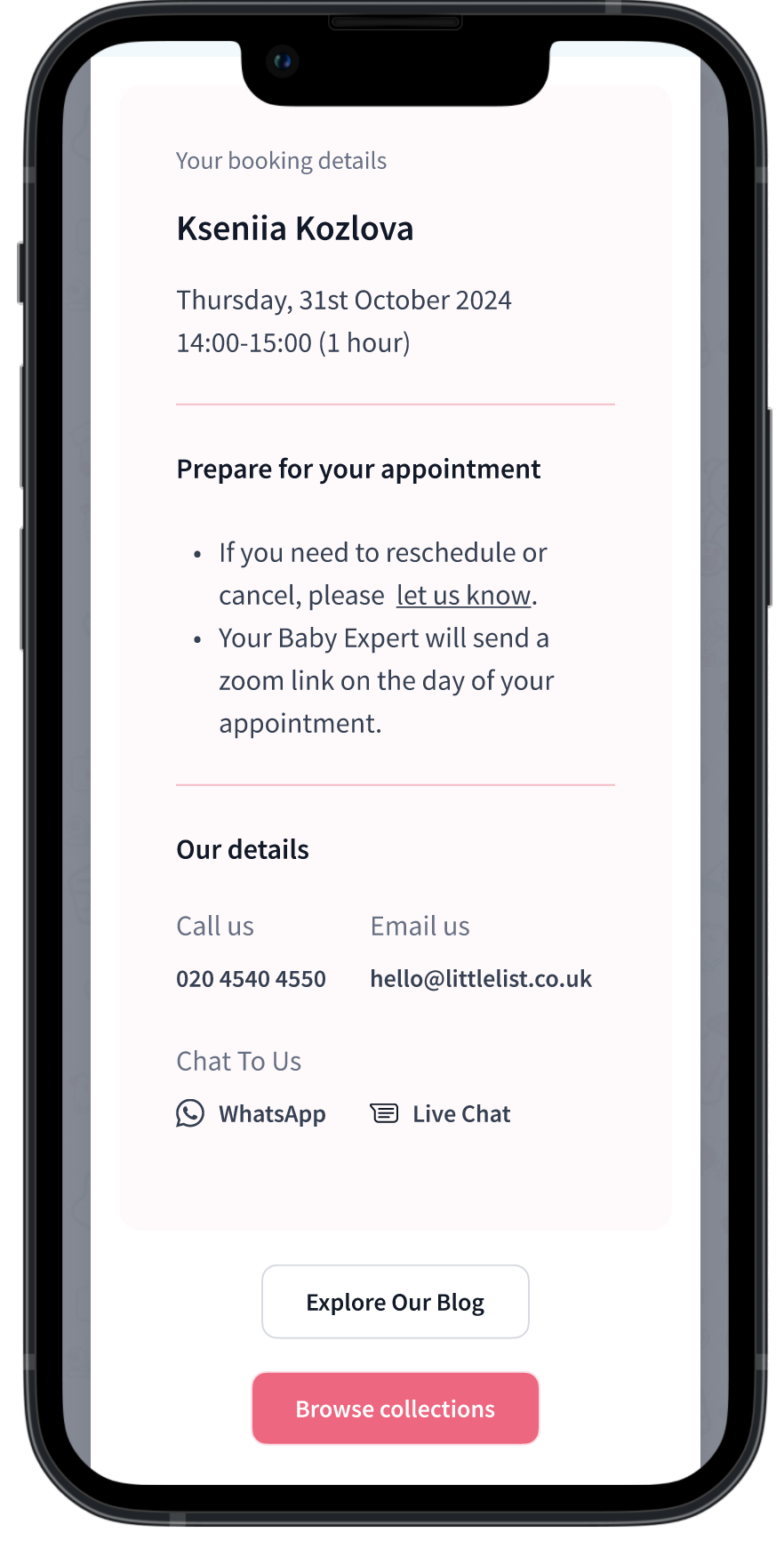 Baby Experts appointment confirmation