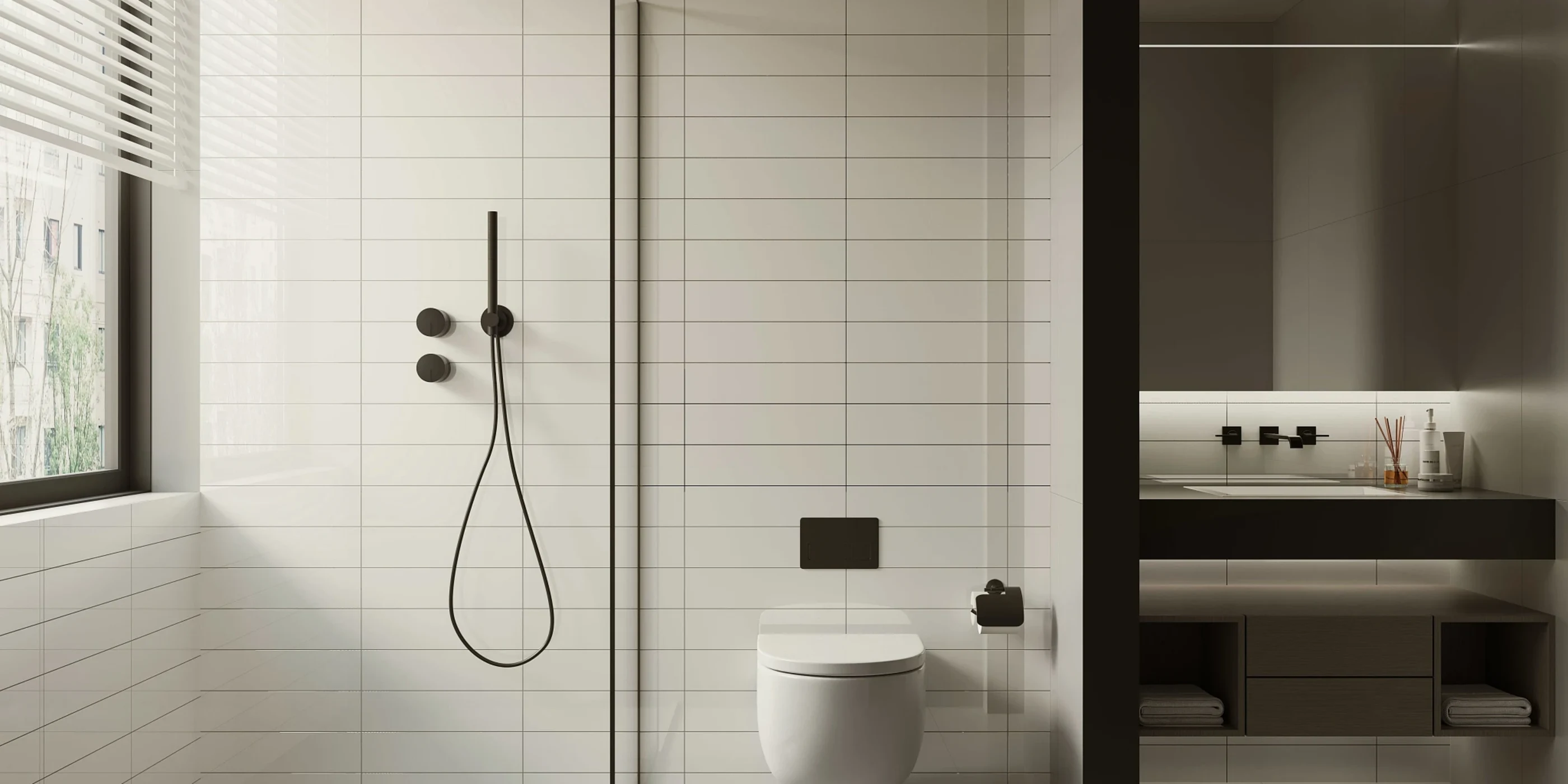 Modern bathroom with large white subway wall tile and soft white lighting