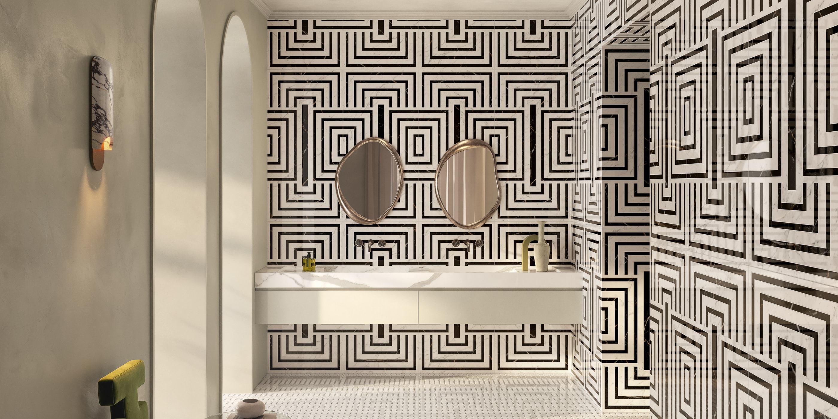 Unique bathroom with black and white maze-looking tile on the walls and floors