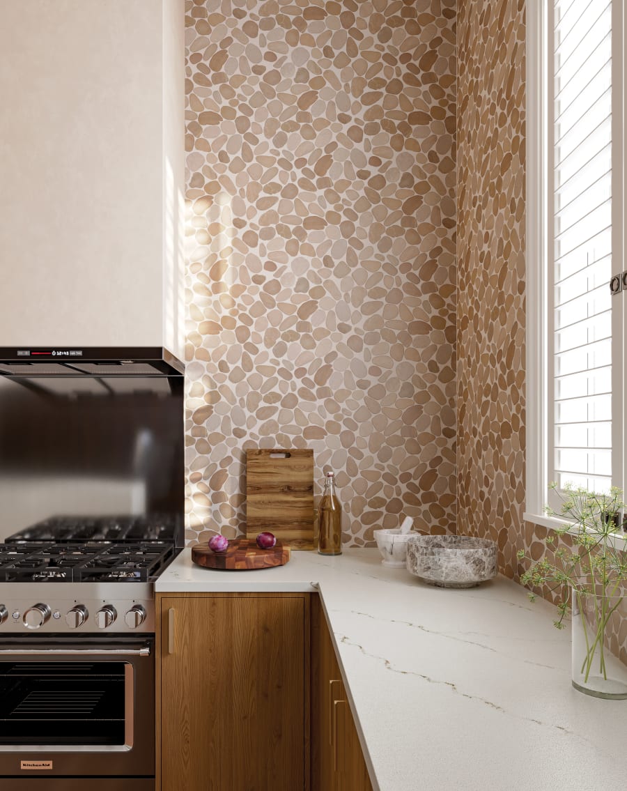 Bedrosians Waterbrook Tan Jumbo Sliced Pebble tile in 12" X 12"