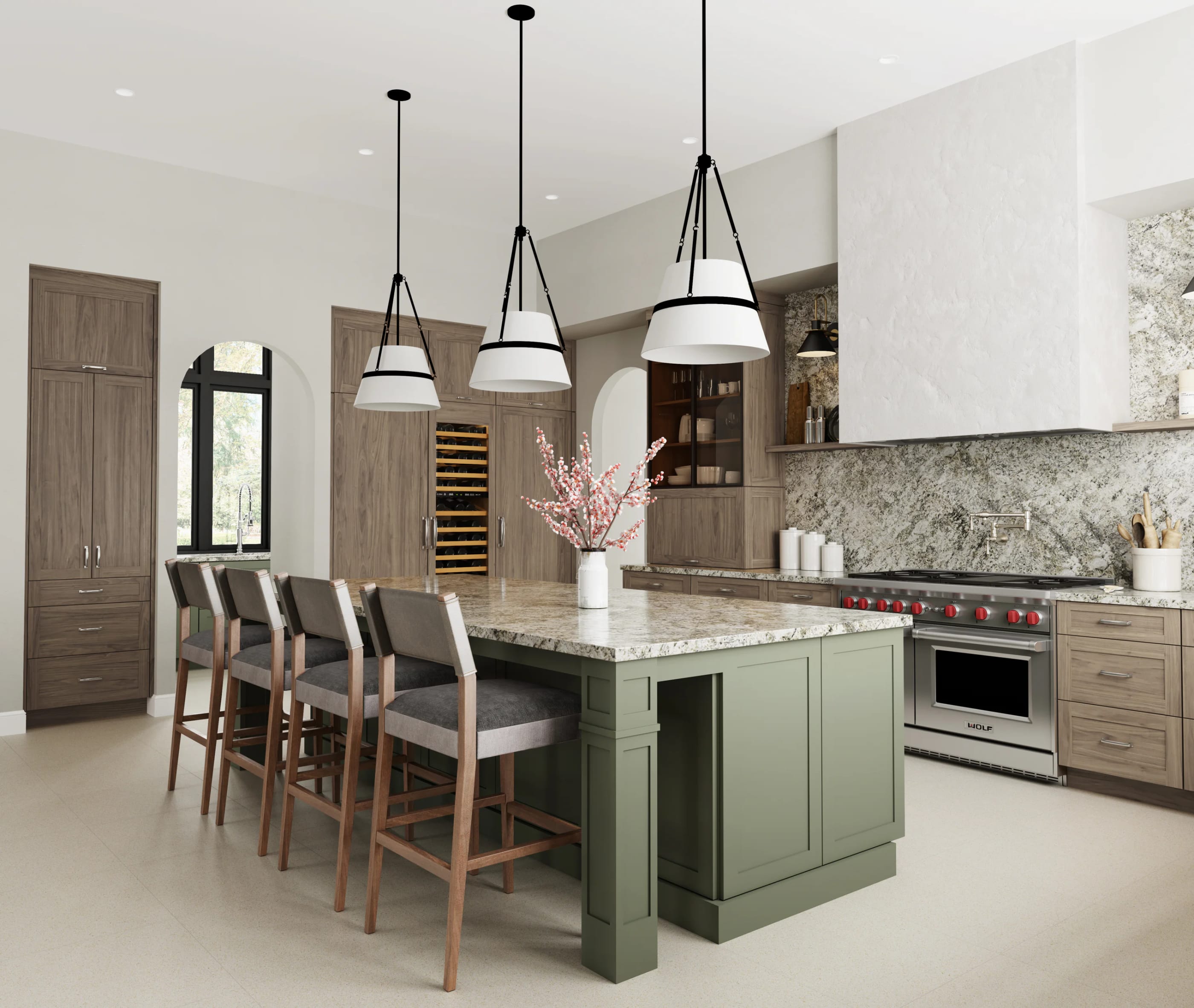 Modern kitchen interior with natural wood ceiling beams, gray upper cabinets and beige lower cabinets, swirling stone countertop and backsplash, a stainless-steel range with hood, and a wooden dining table with upholstered chairs beside large black-framed windows.