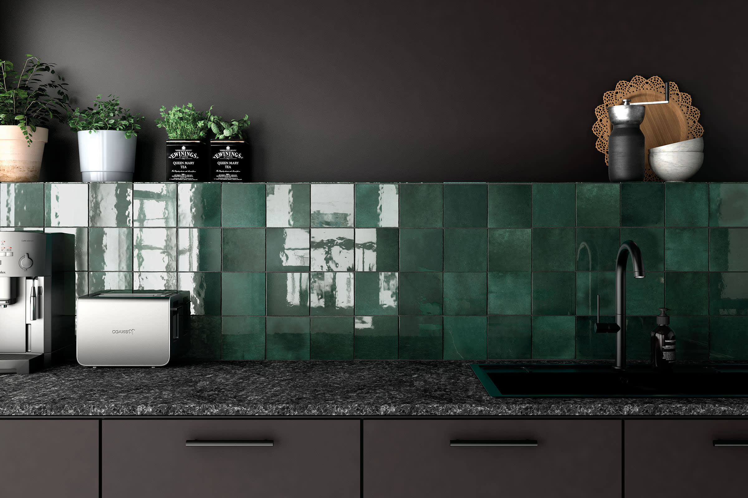 A backsplash with Cloe wall 5 X 5 tile in dark green and black countertops and cabinets