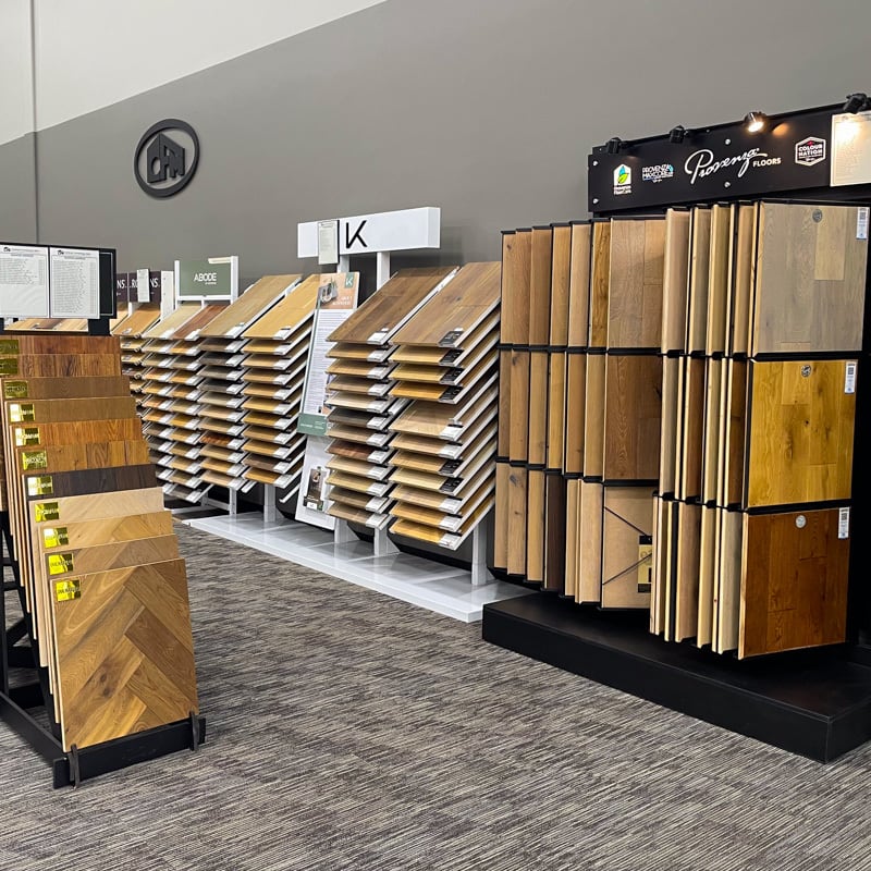 Hardwood flooring displays in the Tacoma flooring CFM showroom