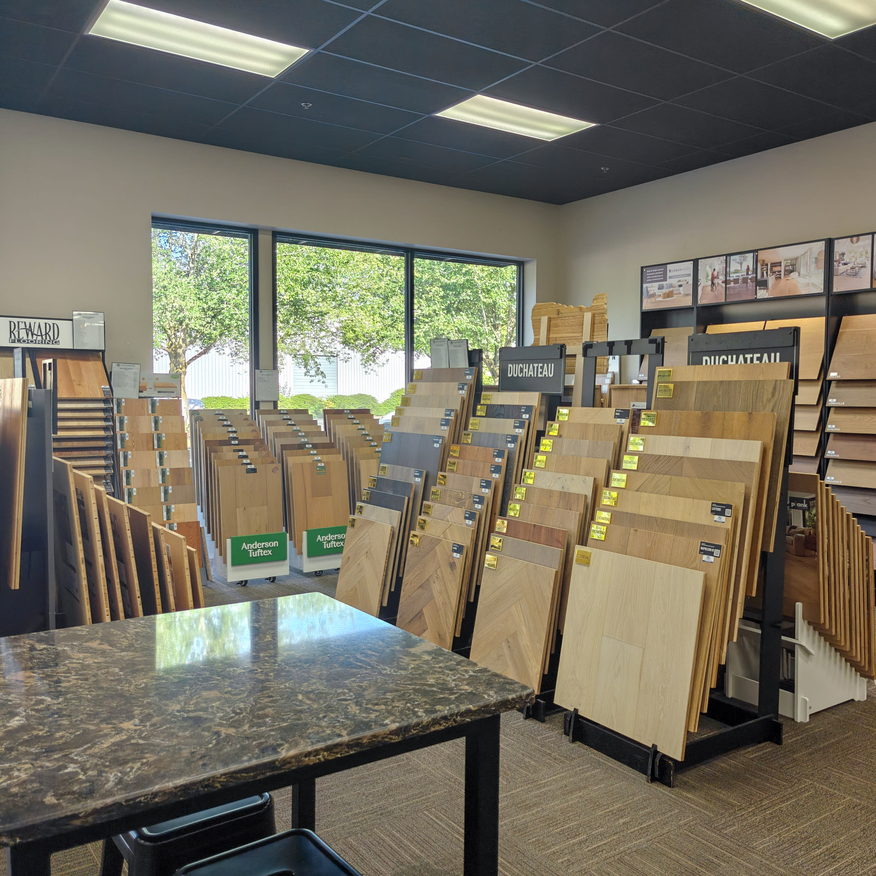 Hardwood flooring displays in the Tigard CFM showroom