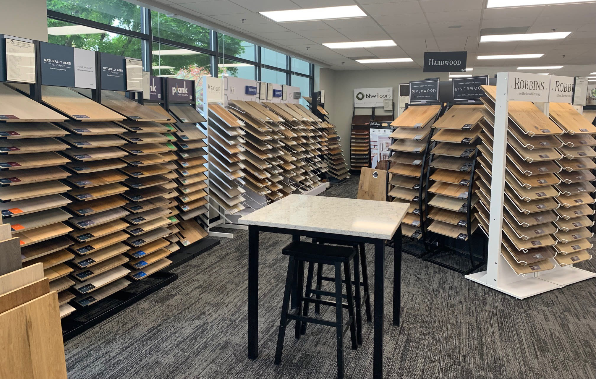 Variety of hardwood colors and displays in the Gresham, Oregon CFM showroom