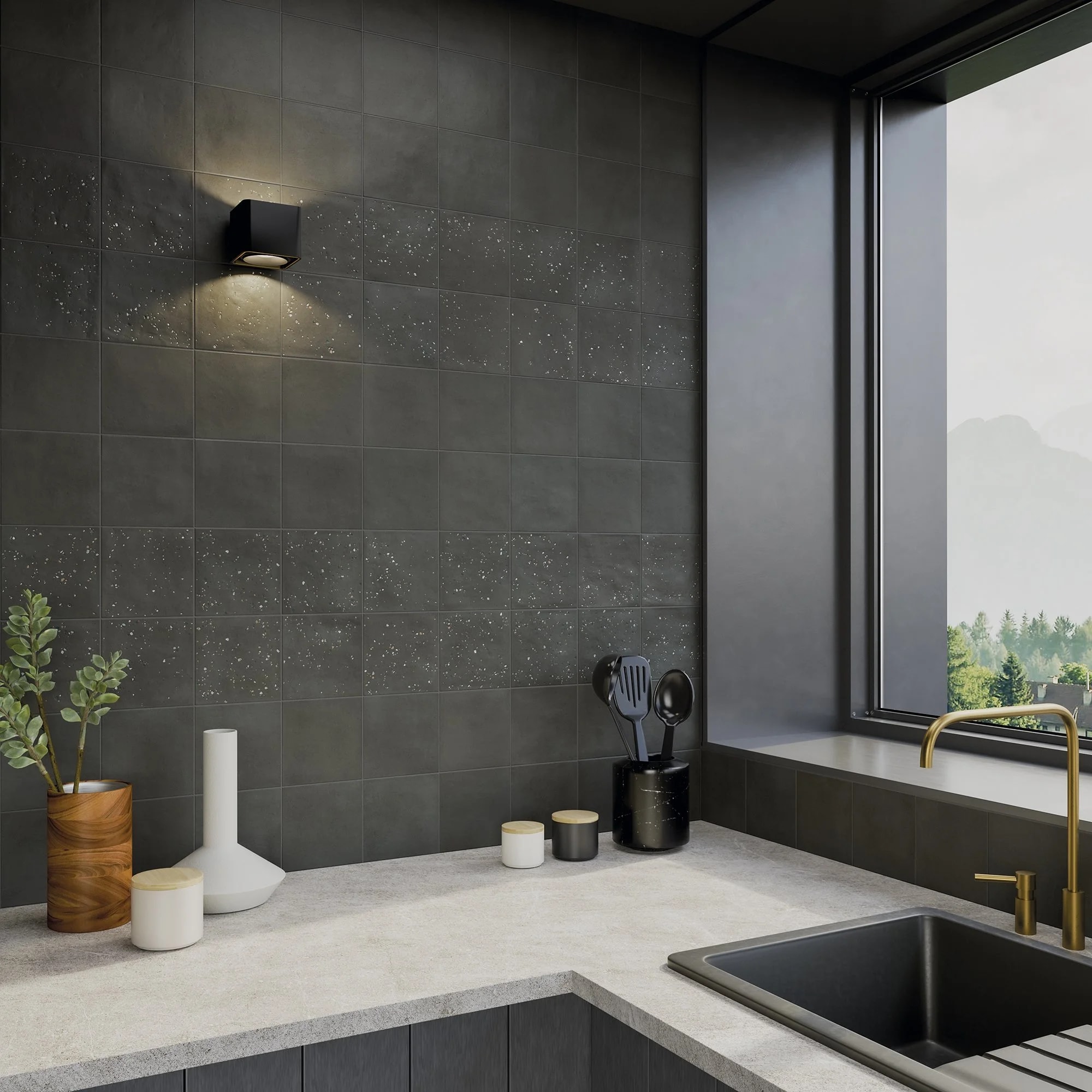 Warm kitchen with warm wood cabinets and staggered, square, white backsplash tile