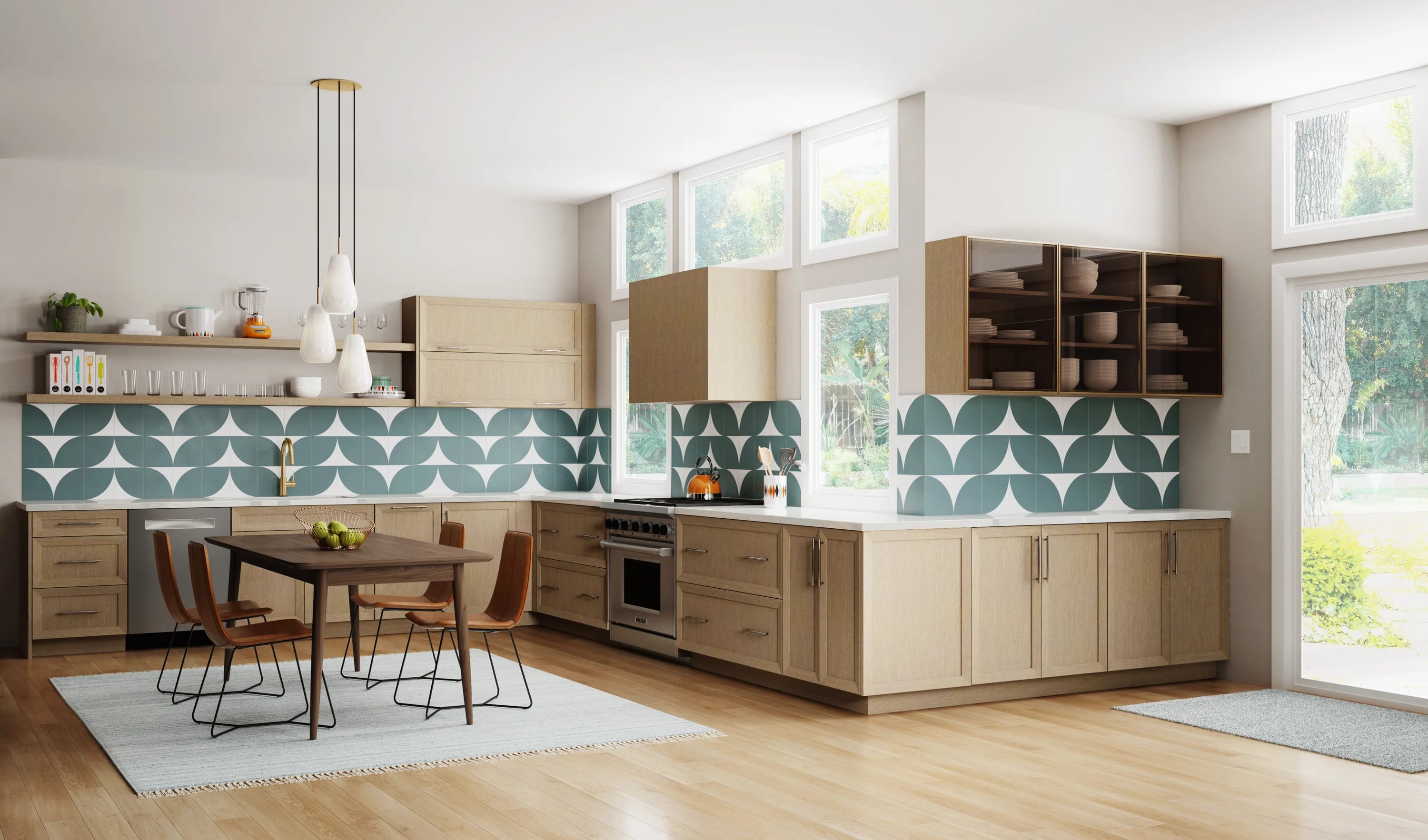 Stylish home bar area with a teal accent wall, open wooden shelves displaying various glassware, slatted wood cabinets with integrated handles, a white countertop housing a small sink, a built-in wine fridge, and a large glass door that brings in natural light.