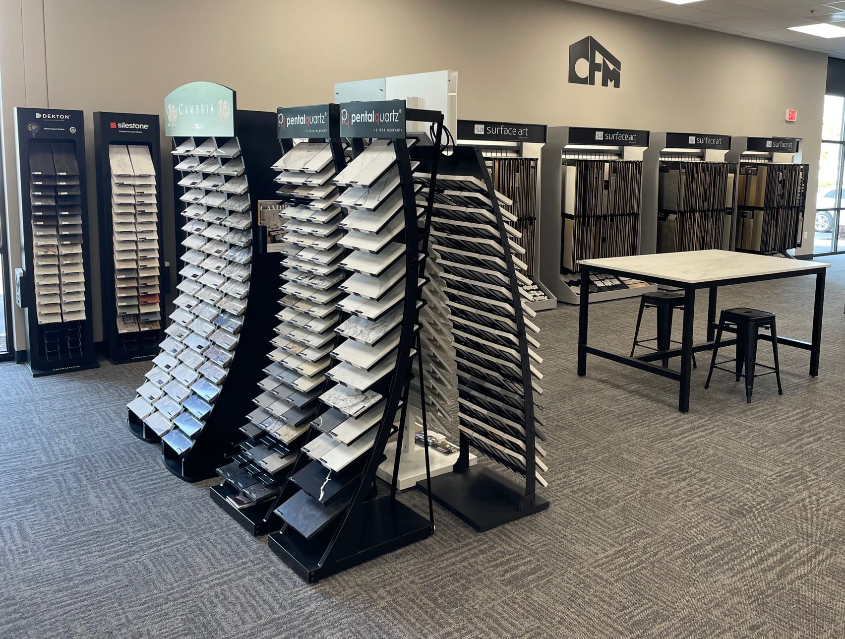Quartz countertop slab displays in the Tualatin, Oregon CFM flooring showroom