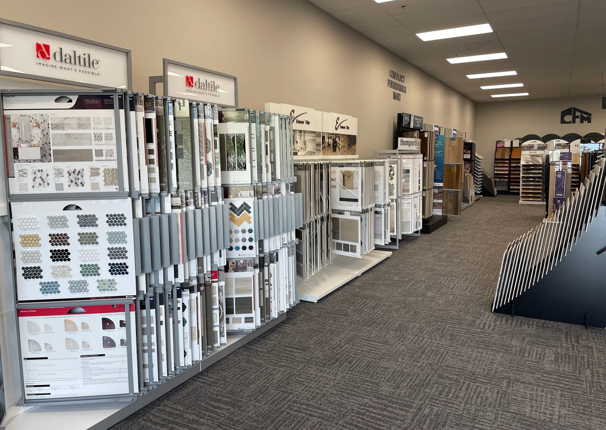 Several flooring, tile, and other displays in the Tualatin, Oregon CFM flooring showroom
