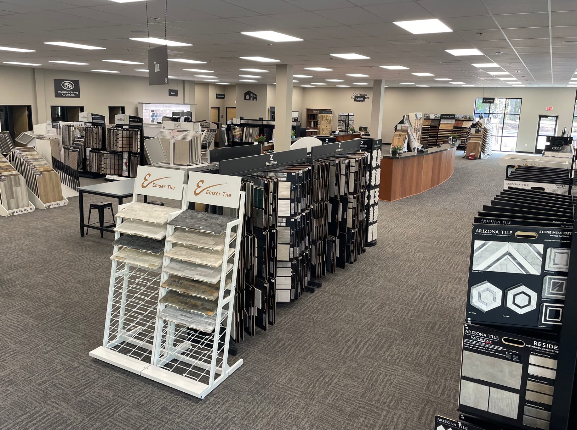 Several flooring, tile, and other displays in the Tualatin, Oregon CFM flooring showroom