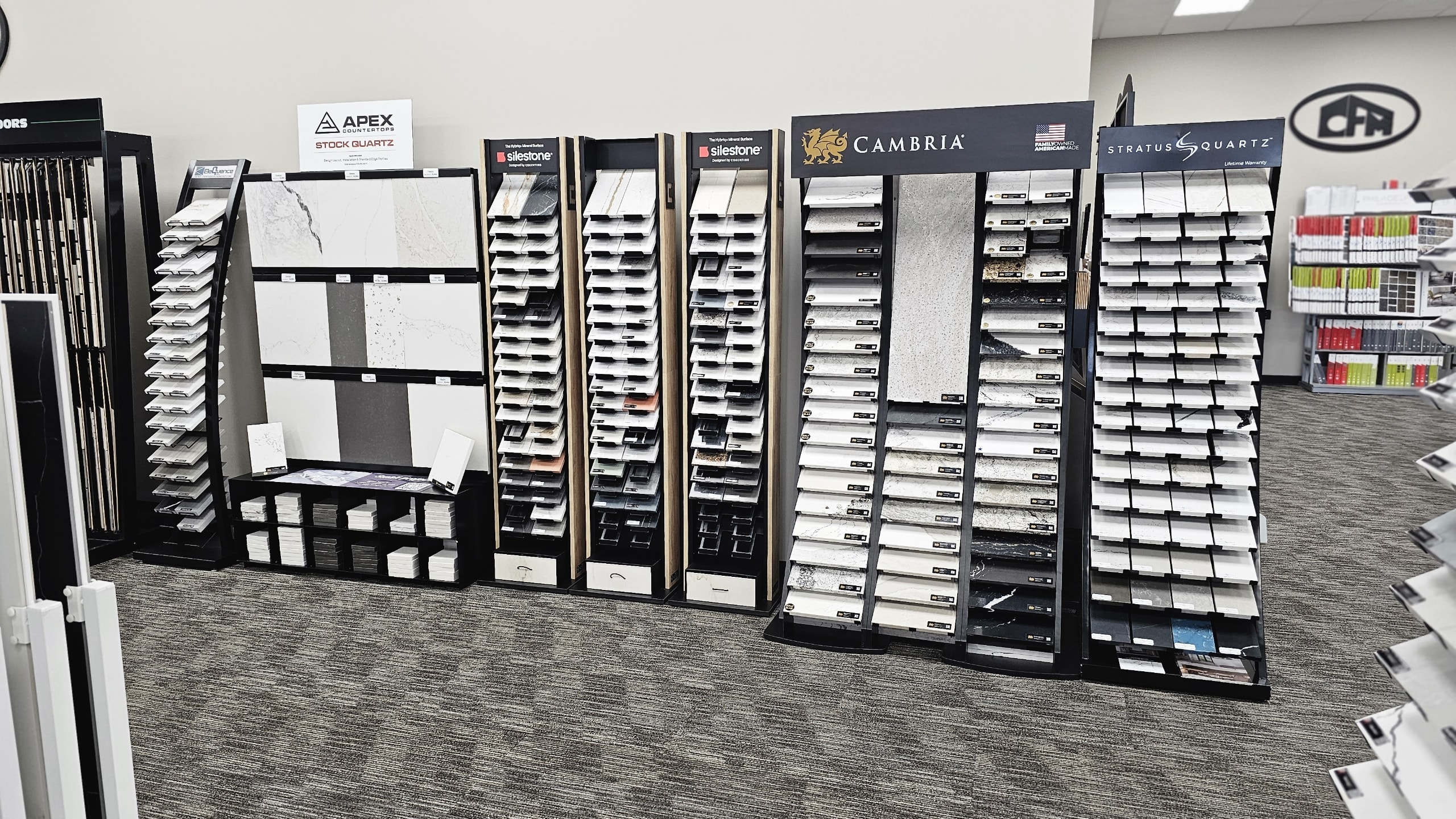 Countertop slab displays in the Salem, Oregon CFM showroom