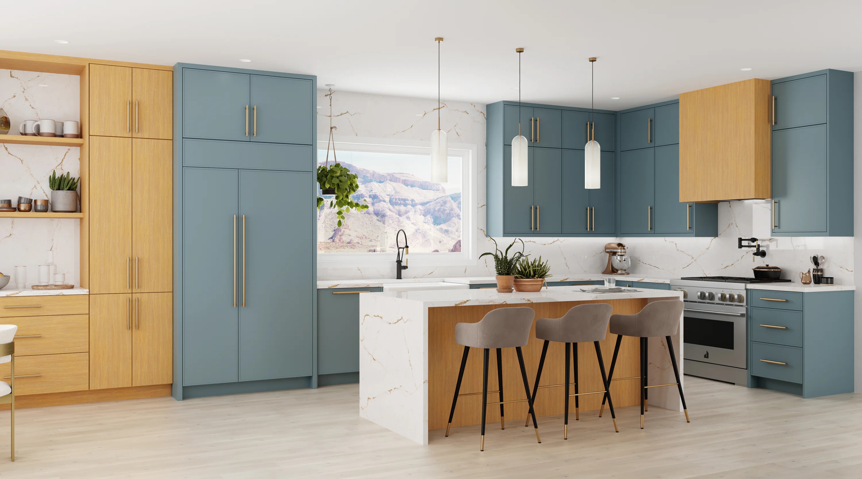 Kitchen featuring neutral gray cabinetry, light countertops, and soft natural wood accents for a calming modern aesthetic.