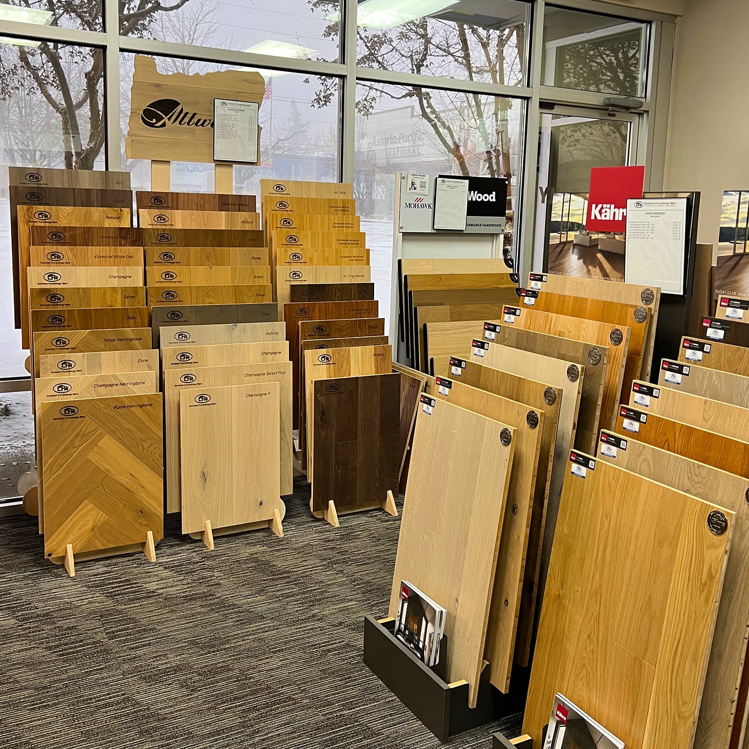 Hardwood displays in the CFM Clackamas, Oregon flooring showroom