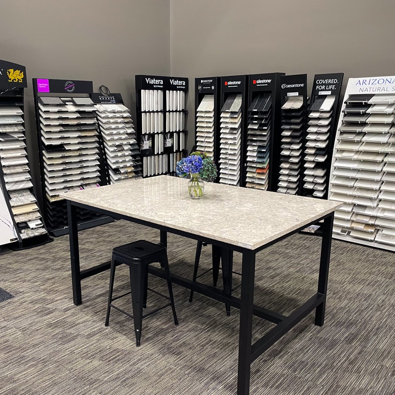 Countertop slab displays in the Tacoma flooring CFM showroom