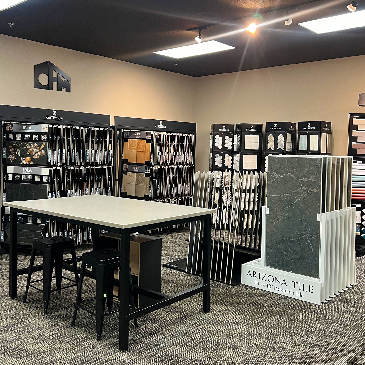 Tile and slab displays in the CFM Clackamas, Oregon flooring showroom