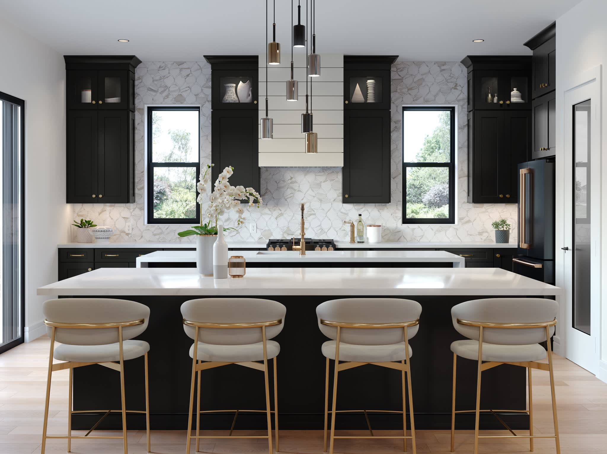 Modern kitchen interior with natural wood ceiling beams, gray upper cabinets and beige lower cabinets, swirling stone countertop and backsplash, a stainless-steel range with hood, and a wooden dining table with upholstered chairs beside large black-framed windows.