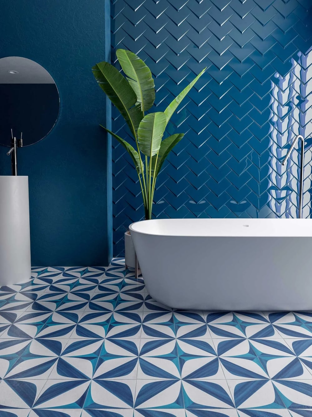 Bathroom with bright blue walls, floor, and wall tile featuring a 3D wall tile that sticks out slightly