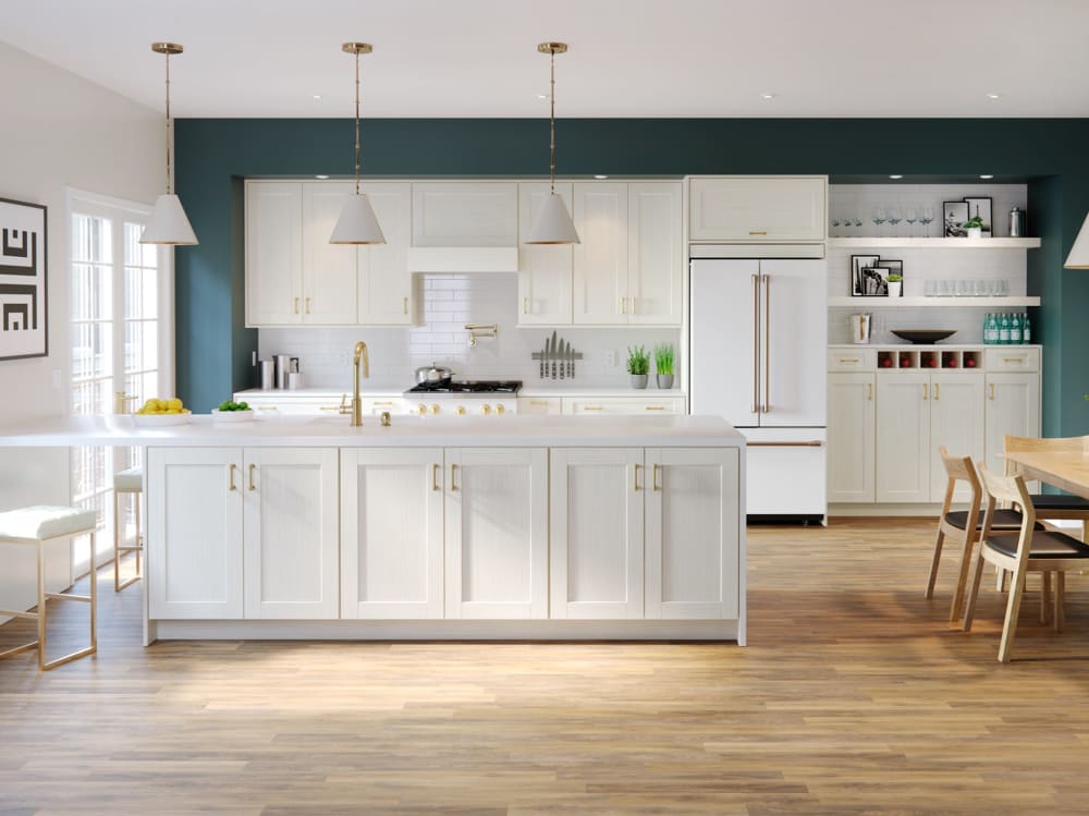 Brown dark stained traditional cabinets in a white kitchen