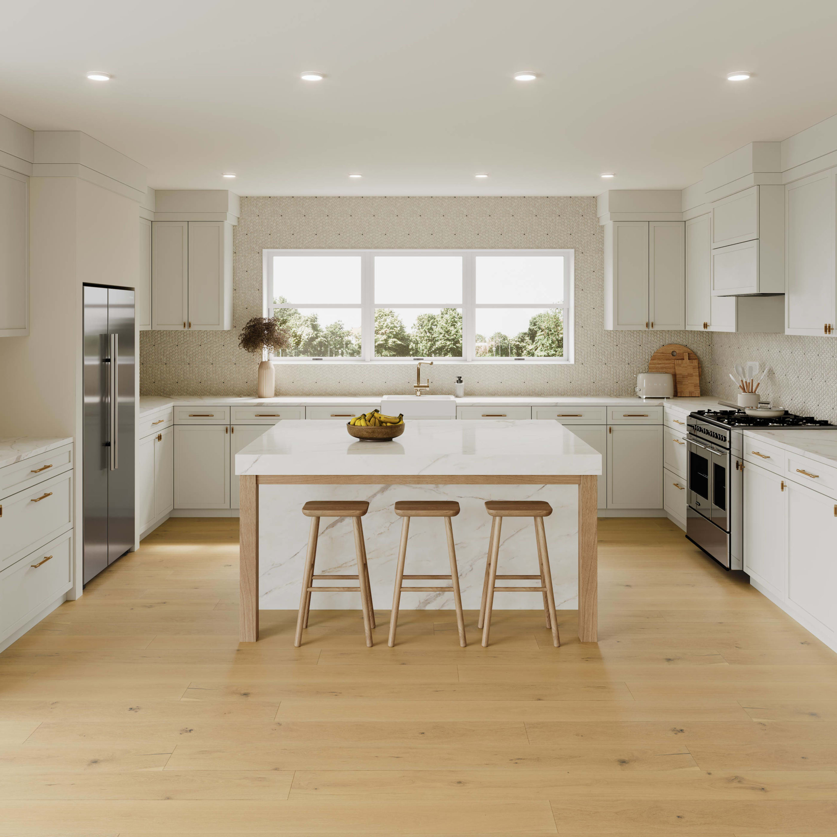 Timeless kitchen design with white shaker cabinets, marble backsplash, and warm brass hardware.