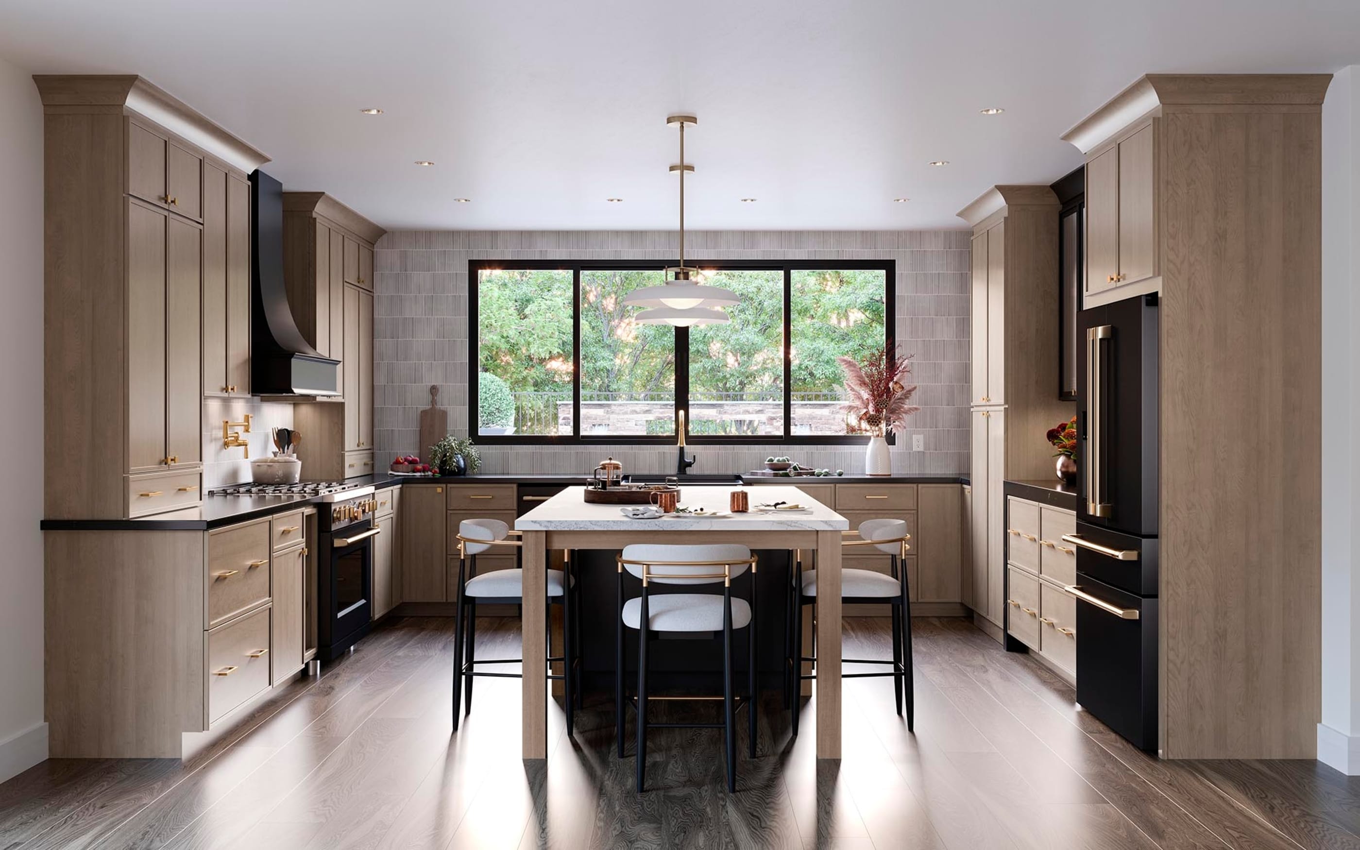 Open kitchen featuring bold navy island cabinets paired with light oak perimeter cabinetry and quartz countertops.