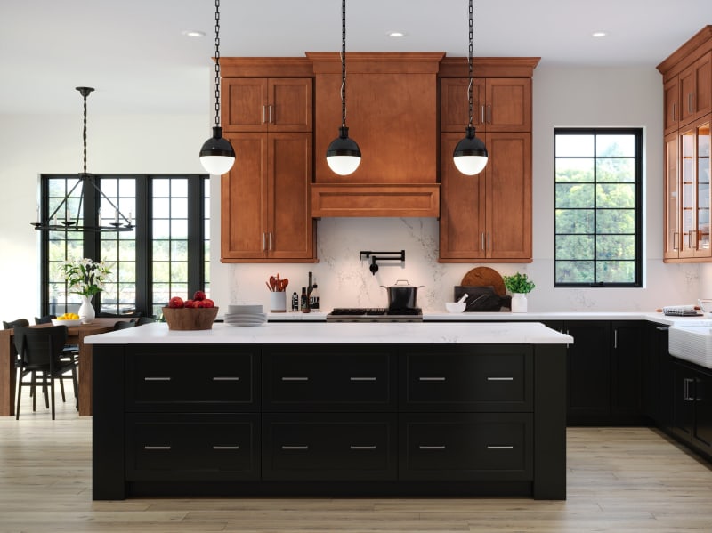 Modern kitchen in bright birch colors with white cabinets and countertops