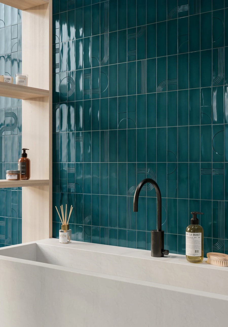 Teal zellige kitchen backsplash tile with a unique line texture