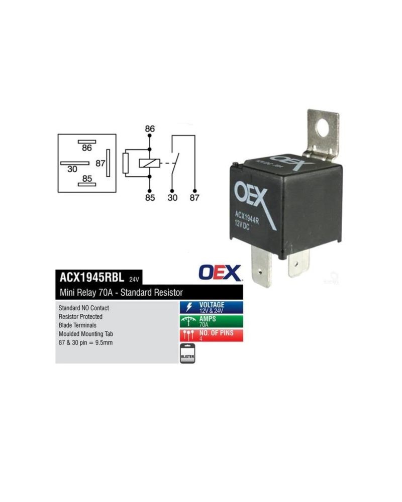 Auto Mini Relay, 24VDC, 4 Pin, Normally Open, 50A, Resistor Protected ...
