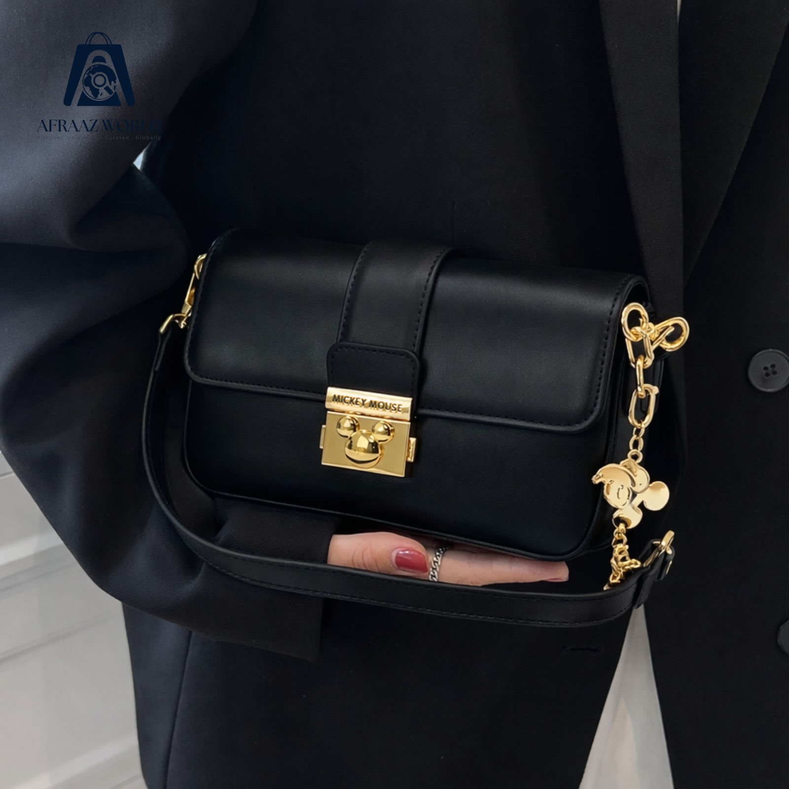High Quality Black Leather Shoulder Bag with Mickey Charm & Golden Lock – Afraaz World