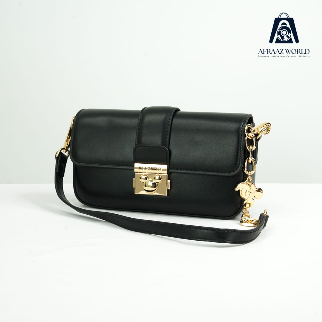 High Quality Black Leather Shoulder Bag with Mickey Charm & Golden Lock – Afraaz World