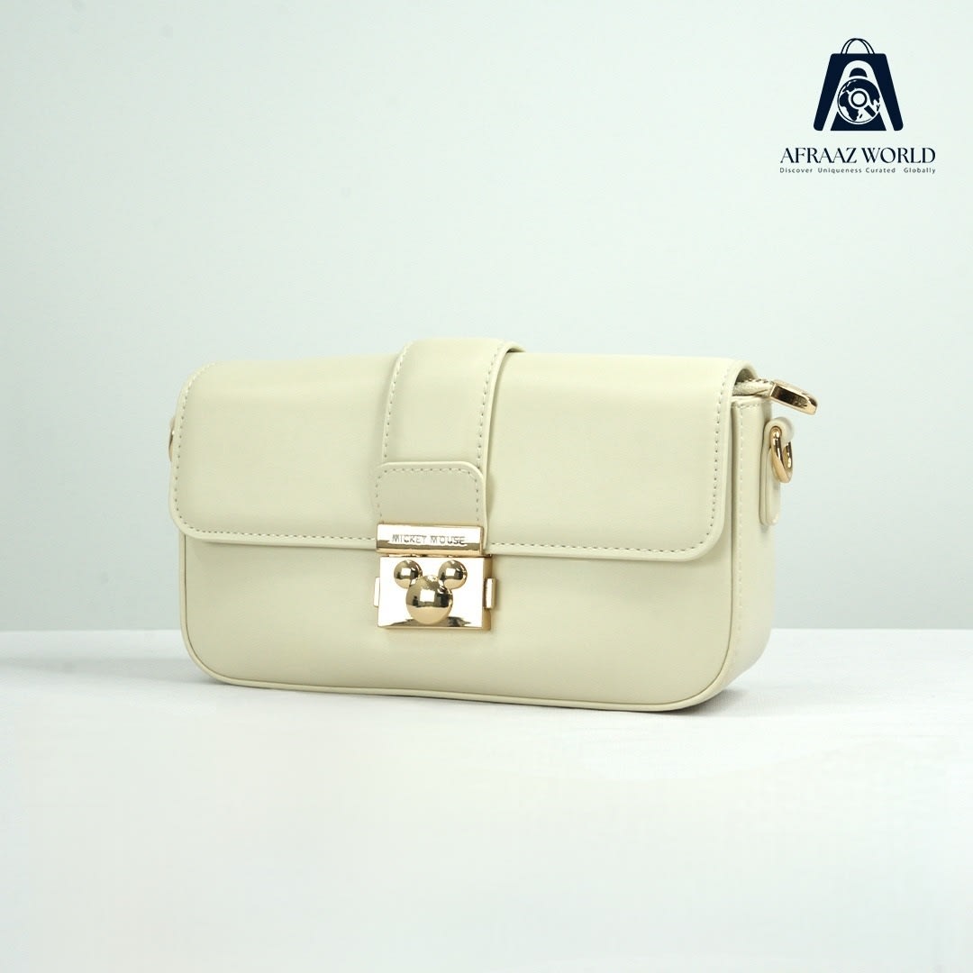 High Quality Black Leather Shoulder Bag with Mickey Charm & Golden Lock – Afraaz World