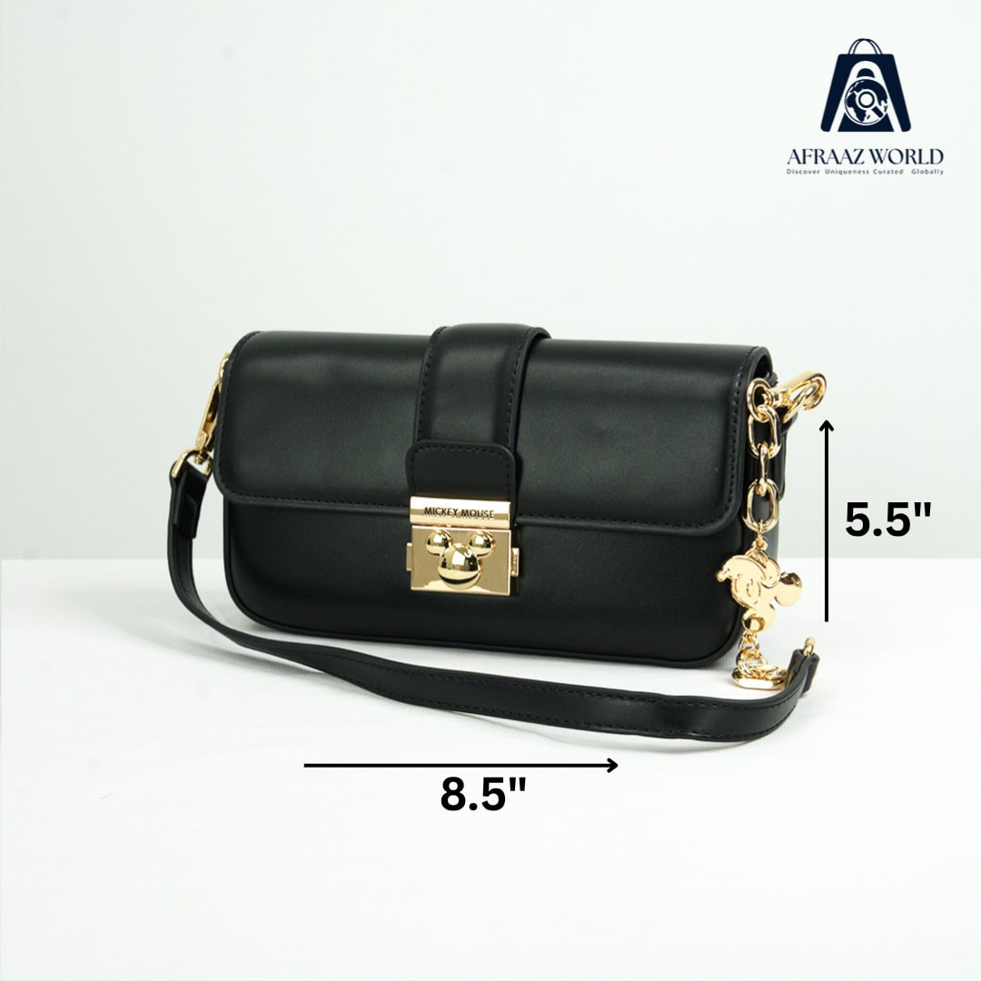 High Quality Black Leather Shoulder Bag with Mickey Charm & Golden Lock – Afraaz World