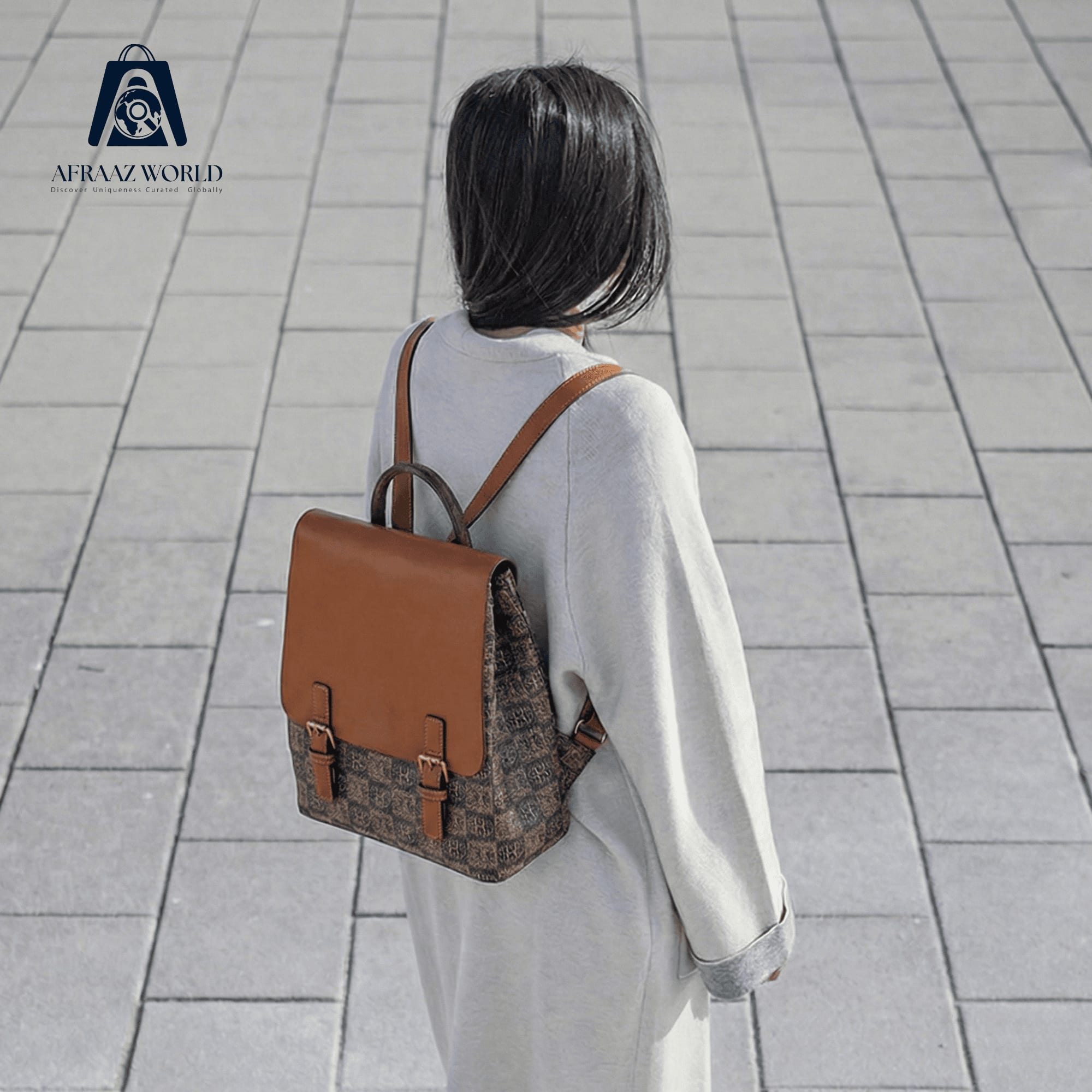 Monogram Printed Vintage Backpack with Faux Leather Flap