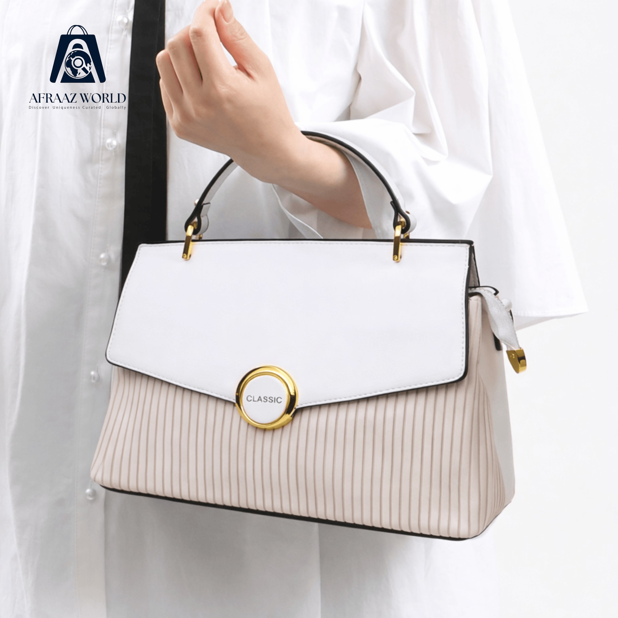 Elegant Pleated Top Handle Satchel with Circular Gold Accent
