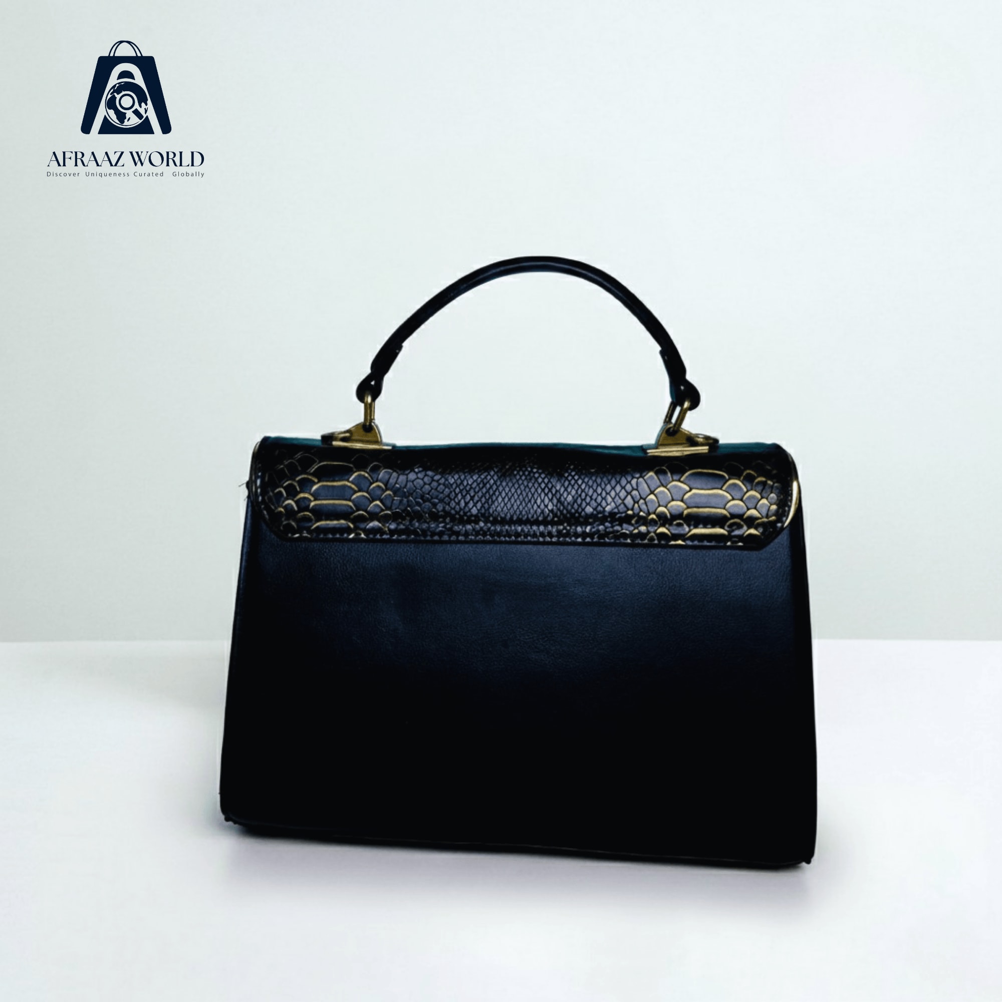 Black Snakeskin-Embossed Top Handle Bag with Ornate Gold Clasp