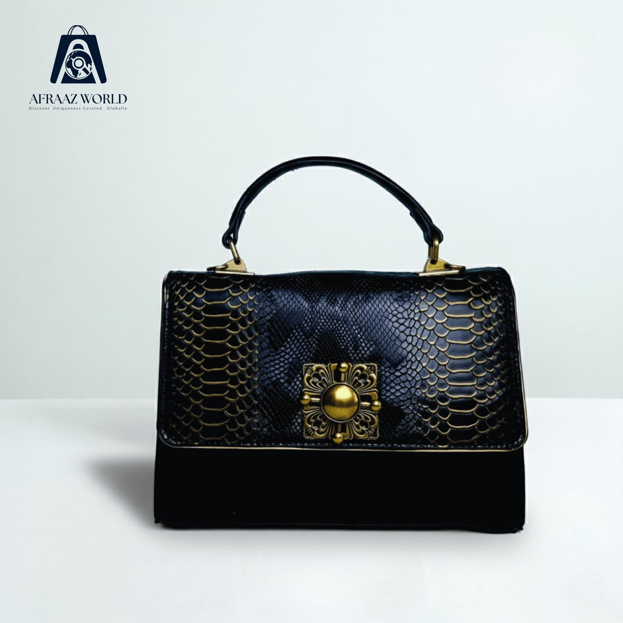 Black Snakeskin-Embossed Top Handle Bag with Ornate Gold Clasp