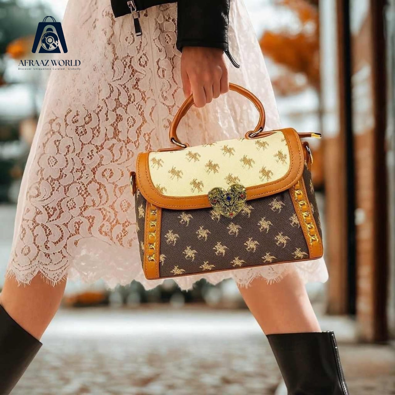 High Quality Vintage Cream-Brown  women Handbag with Heart Lock & Golden Chain – Afraaz World