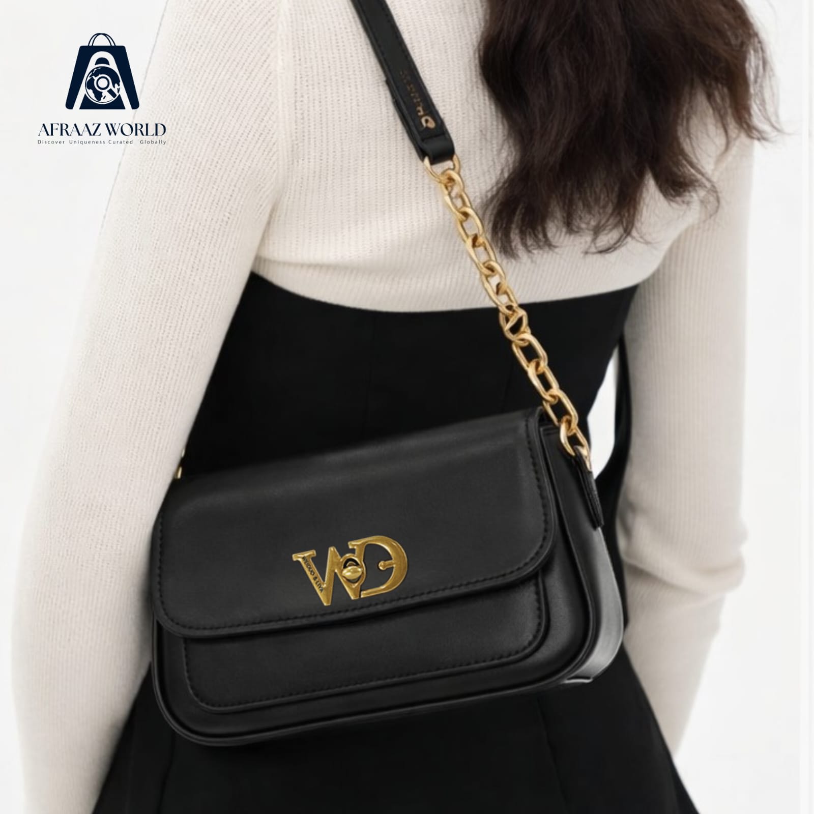 Elegant Black Crossbody Bag for Women | Gold Chain Luxury Handbag by Afraaz World