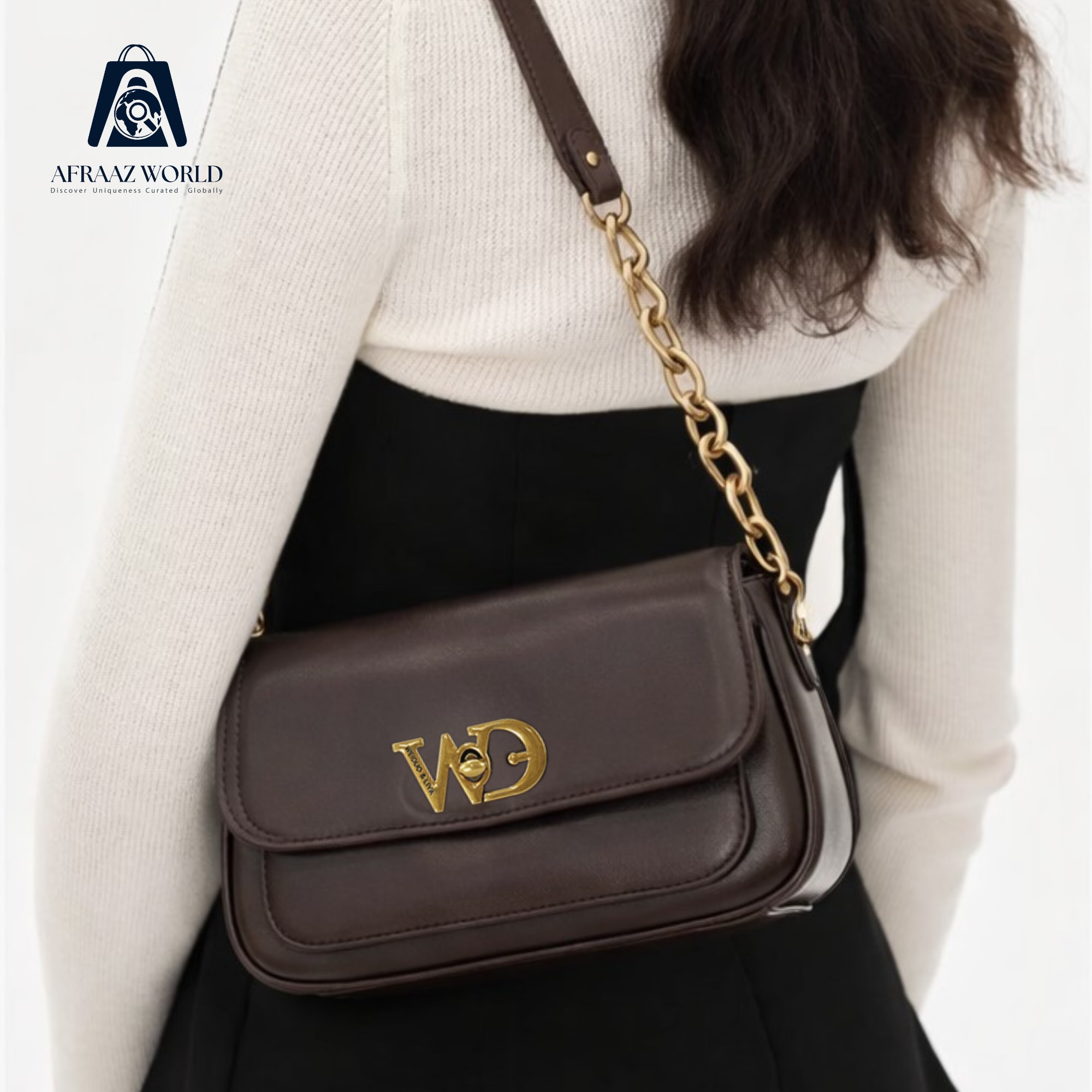 Luxury Chocolate Brown Crossbody Bag for Women | Gold Chain Leather Purse by Afraaz World