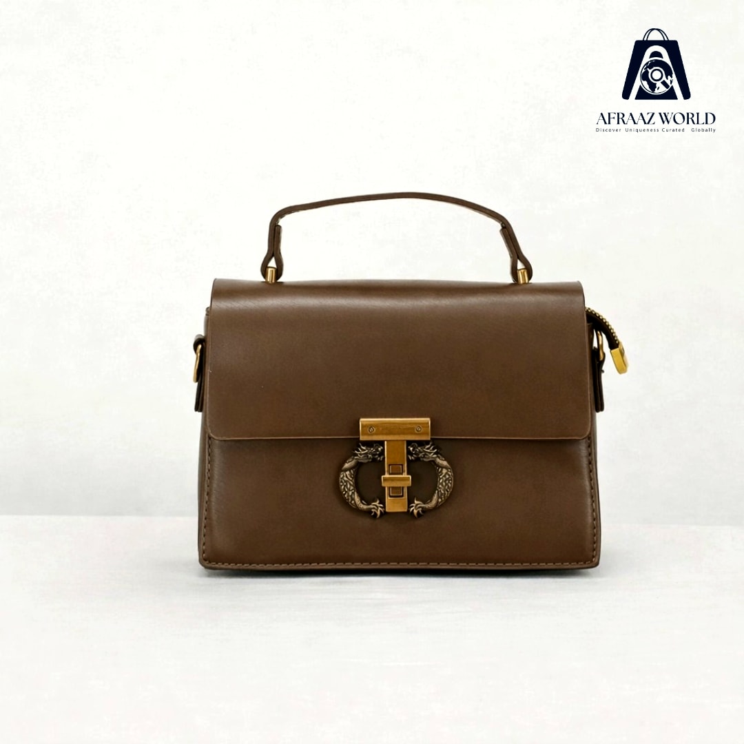 Elegant Black Leather Handbag for Women | Gold Ring Lock Premium Top Handle Bag by Afraaz World